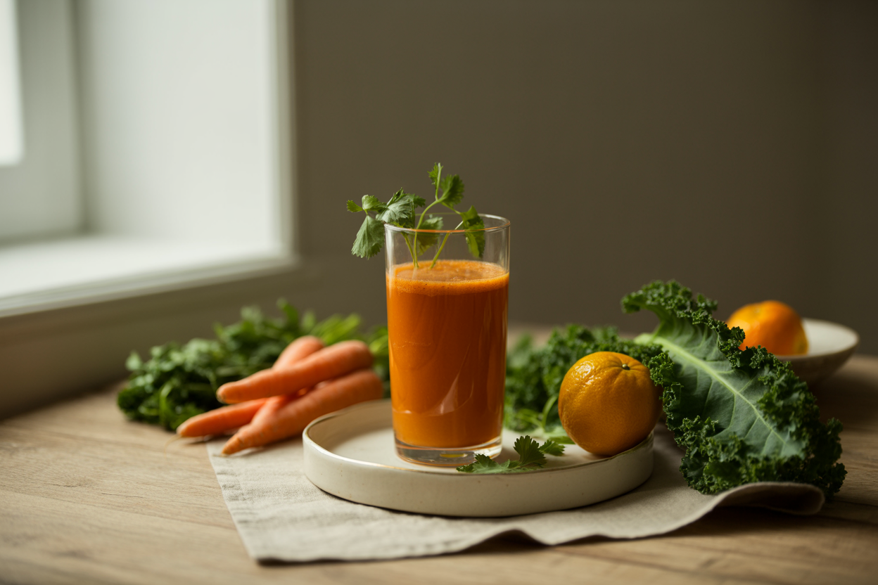 Clementine Splash juice with carrots, kale and cilantro