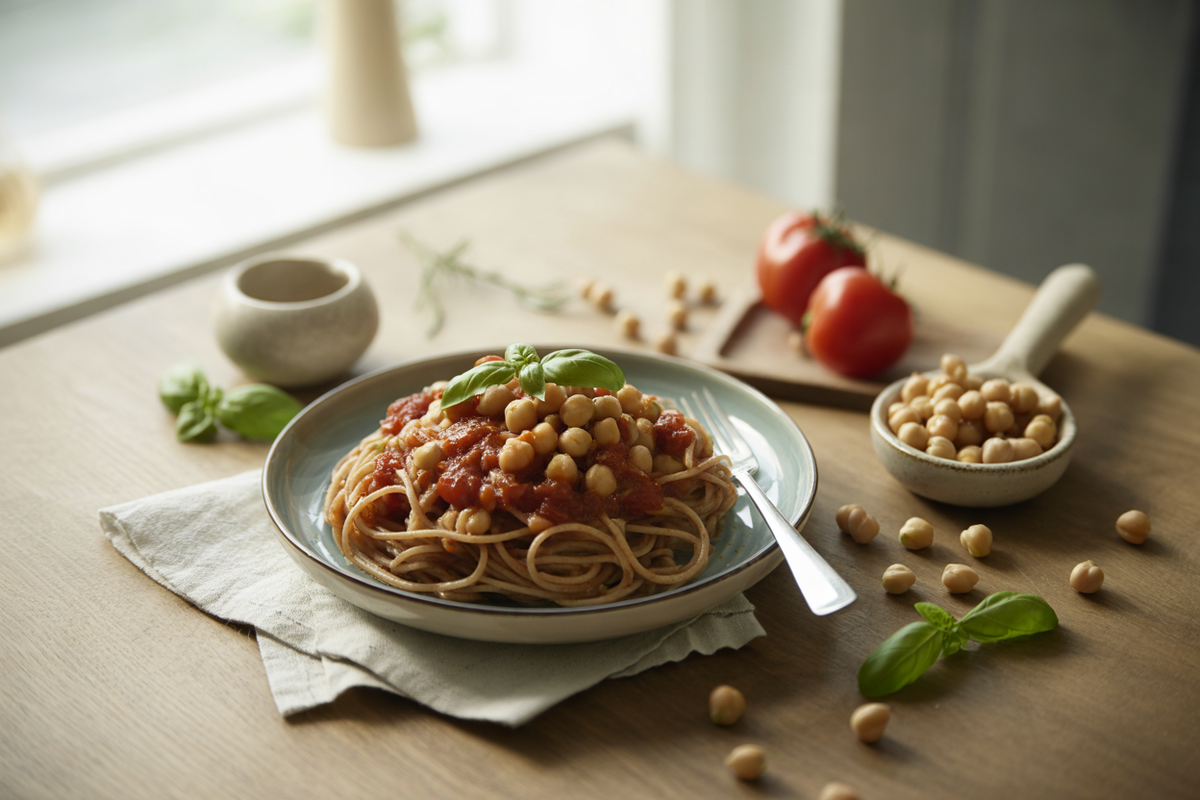 Spaghetti with garbanzo bean tomato sauce