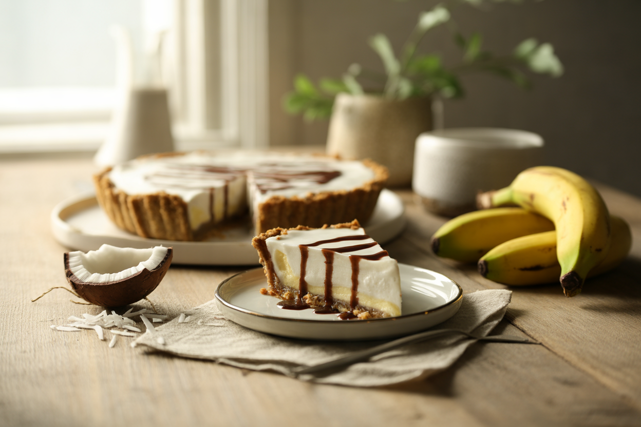 Coconut banana cream pie with carob sauce