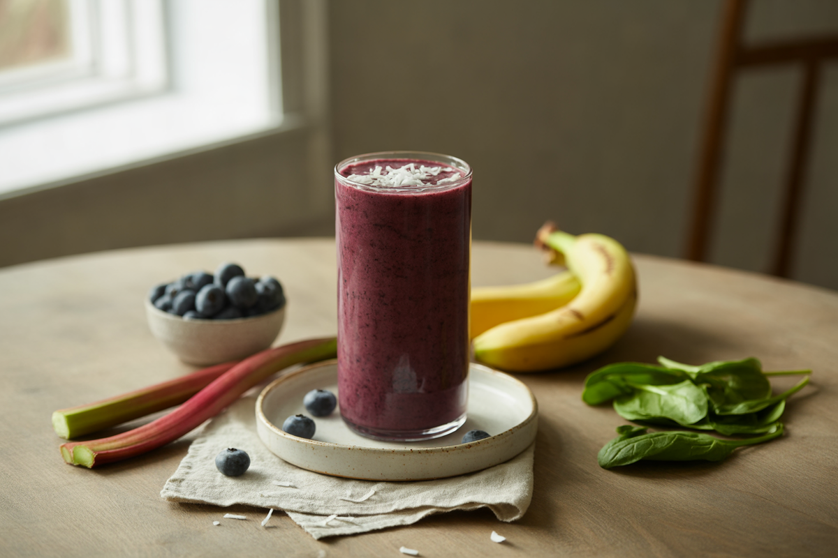 Coconut blueberry rhubarb smoothie with spinach
