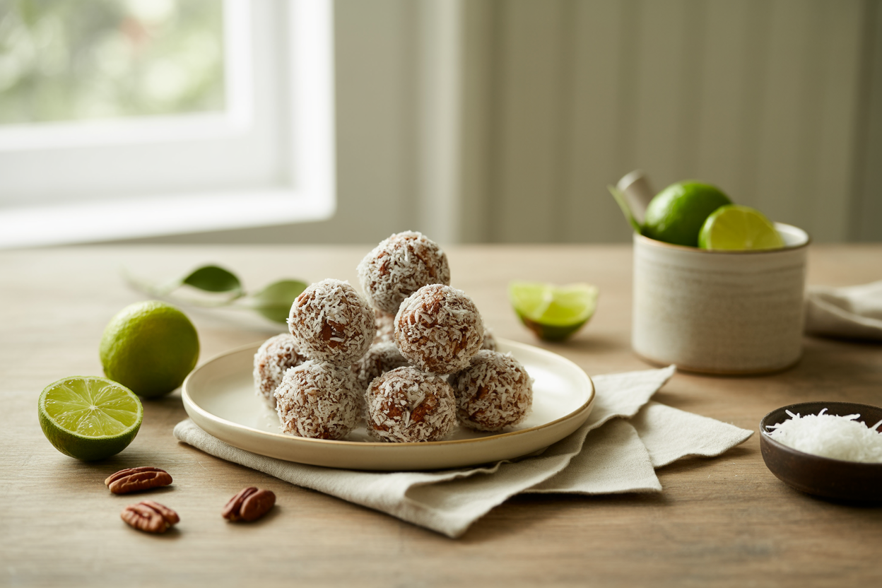 Coconut lime freezer balls rolled in shredded coconut with fresh limes