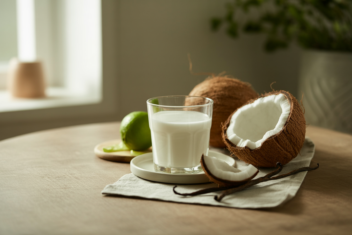Homemade coconut milk with a fresh coconut