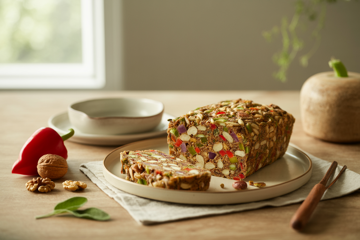 Confetti veggie loaf of walnuts and almonds with red pepper and celery, sliced
