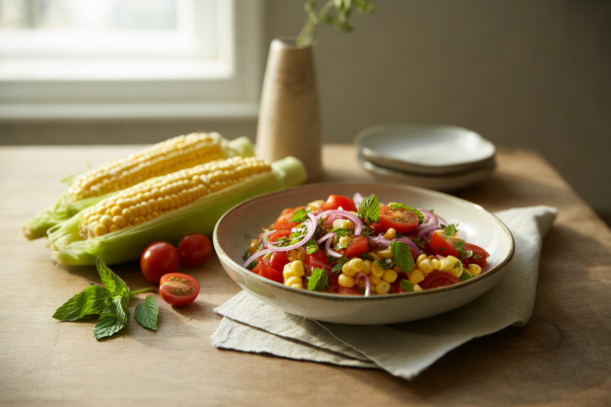 Fresh corn and cherry tomato relish with red onion, mint and cilantro