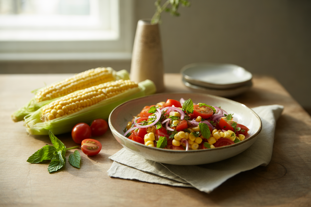 Fresh corn and cherry tomato relish with red onion, mint and cilantro