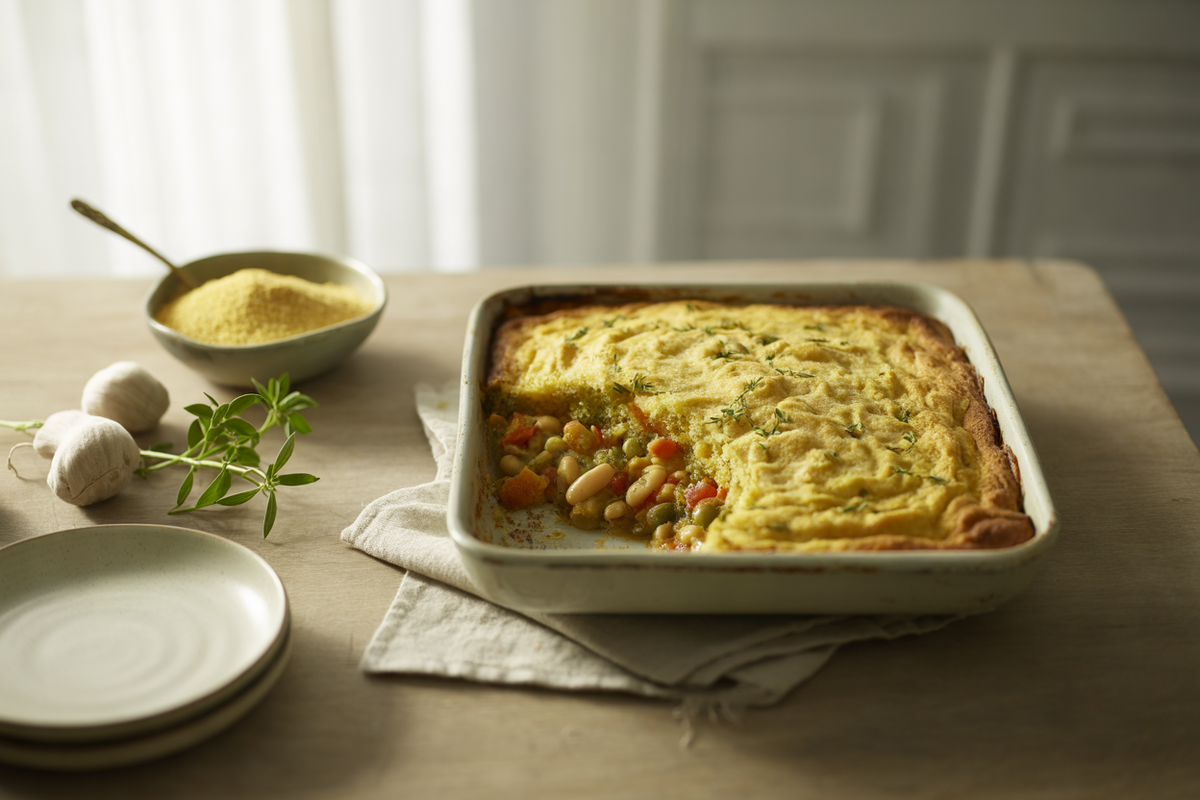 Golden cornbread topping baked over a vegetable casserole