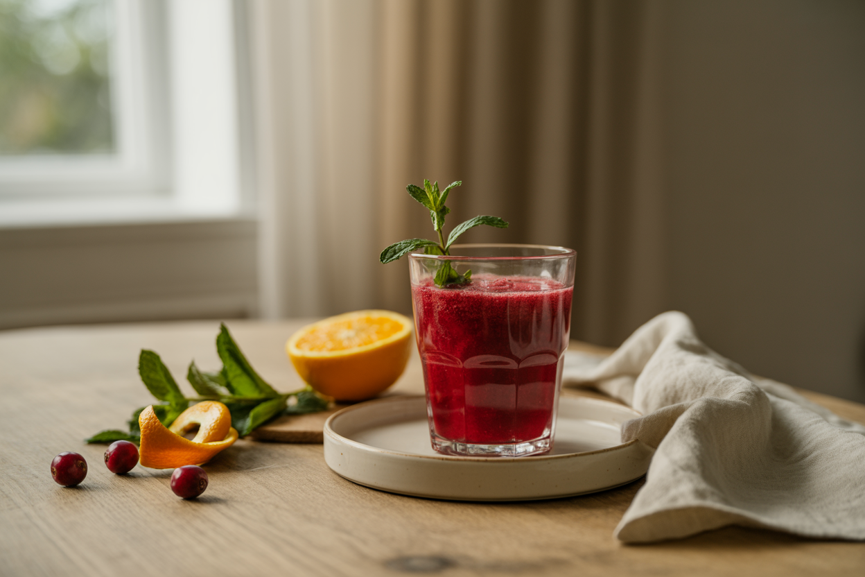 Cranberry Charmer smoothie with cranberries, orange and mint