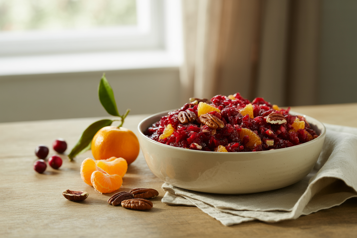 Raw cranberry relish with chopped cranberries, tangerine and pecans