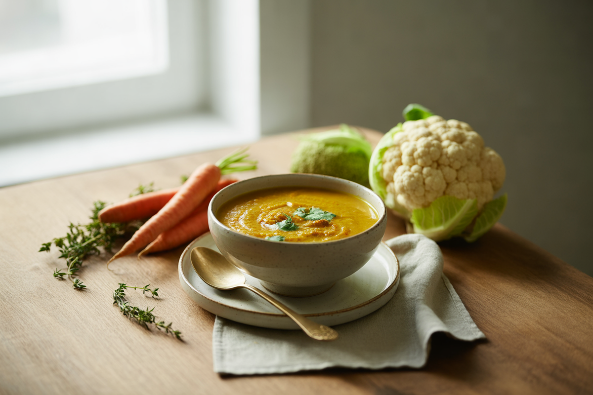 Cream of cauliflower soup with carrot and curry