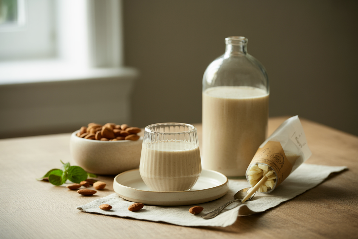 Homemade creamy almond milk with raw almonds