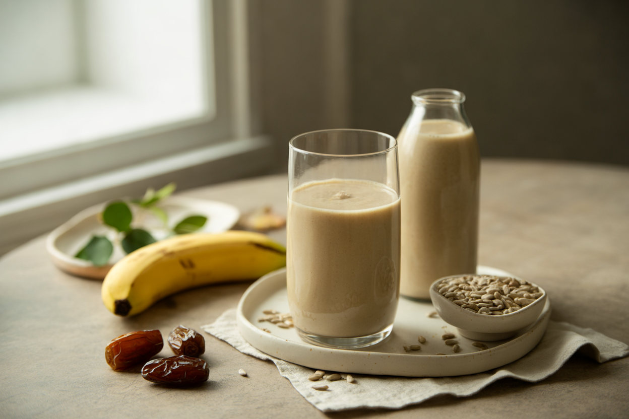 Raw creamy banana milk with sunflower seeds and dates