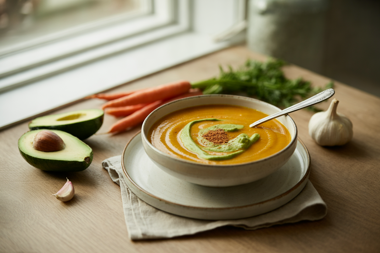 Creamy carrot soup with avocado and cumin