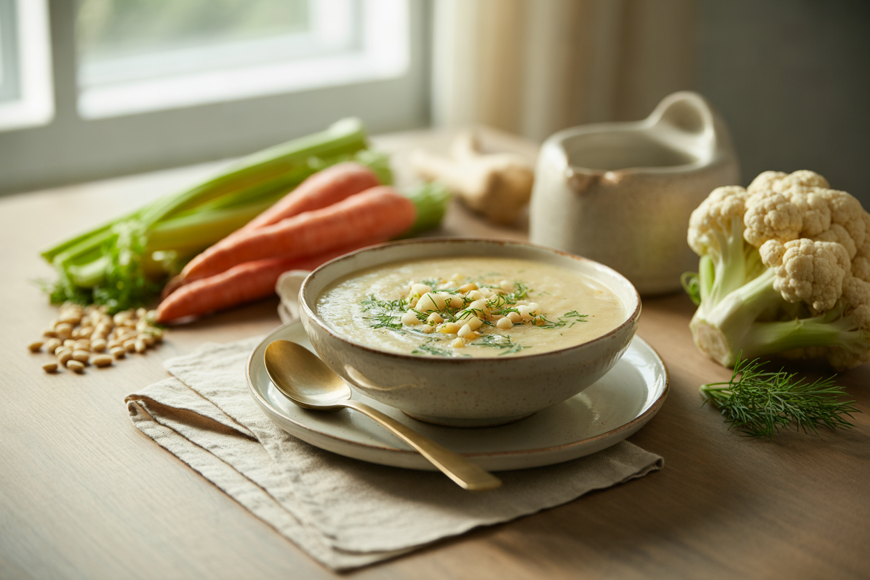 Creamy cauliflower soup with chives and dill