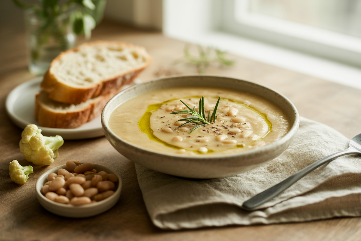 Creamy cauliflower and white bean soup with rosemary oil and a slice of sourdough bread