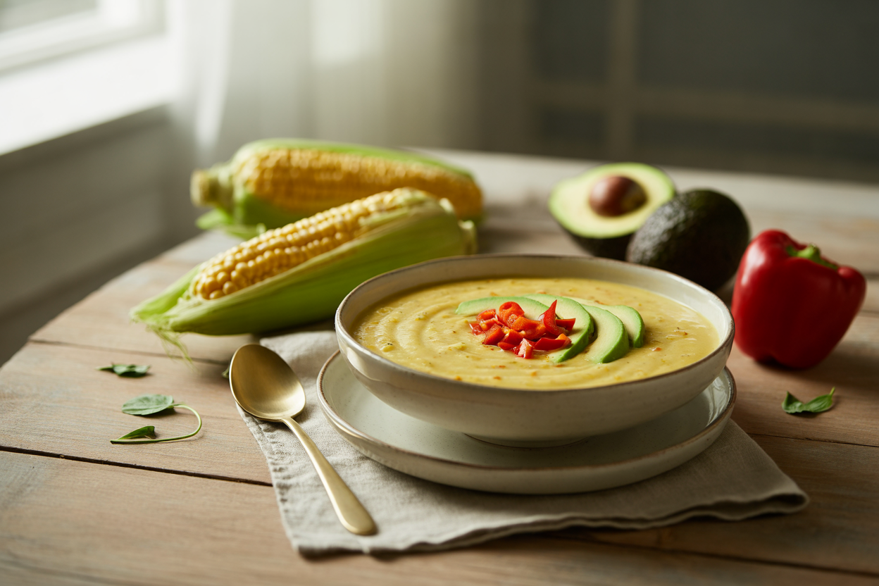 One-step creamy corn chowder with red pepper and avocado