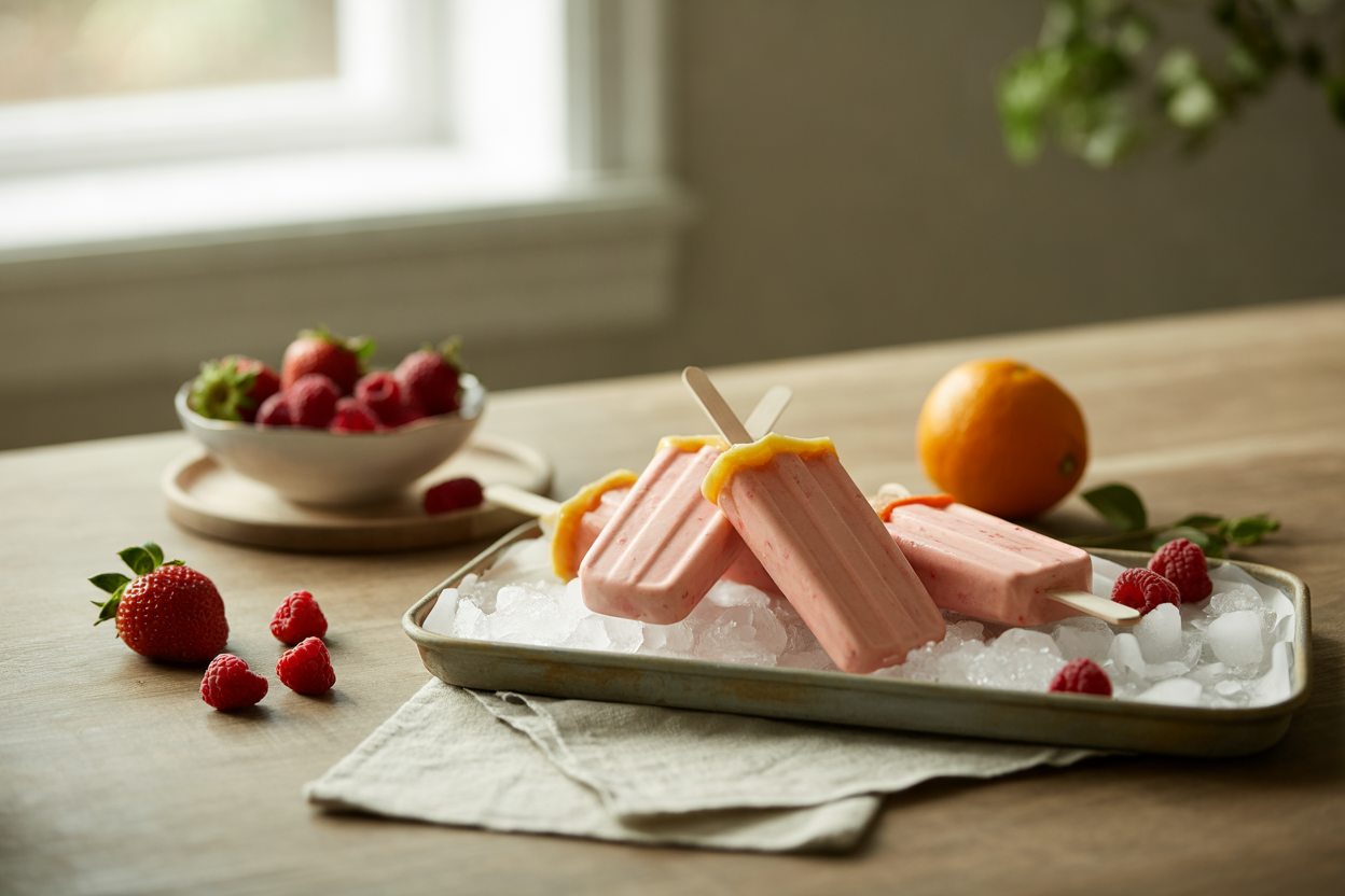 Creamy strawberry raspberry orange popsicles