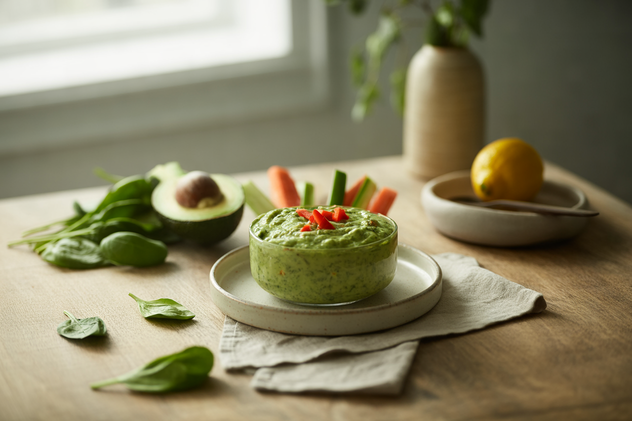 Creamy spinach avocado dip with red bell pepper