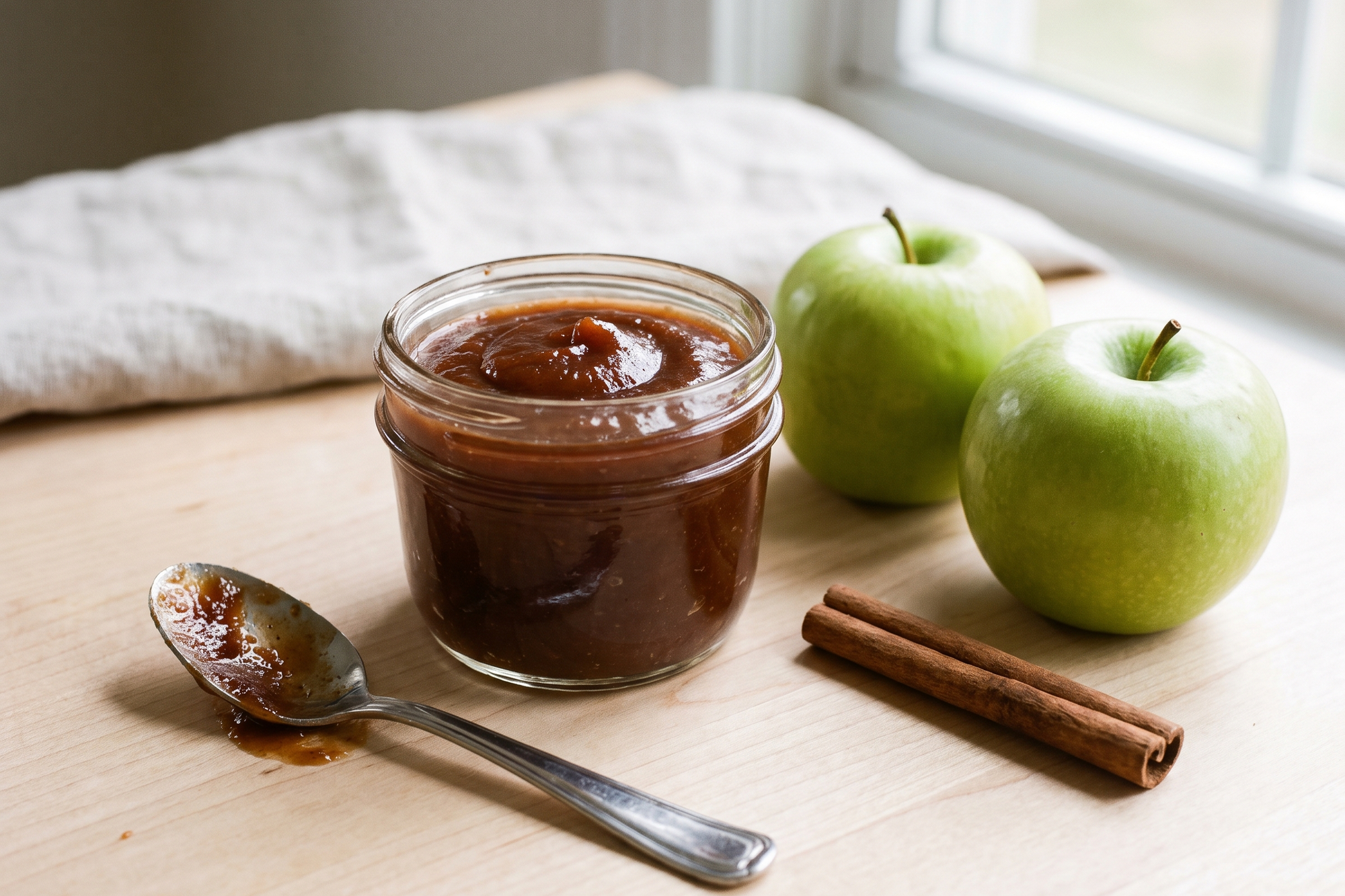 Jar of crock pot apple butter with green apples and cinnamon sticks
