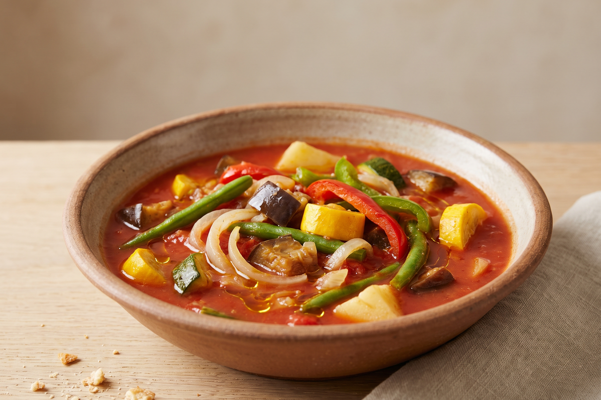 Crock pot Italian vegetable stew with green beans, peppers and squash in tomato broth
