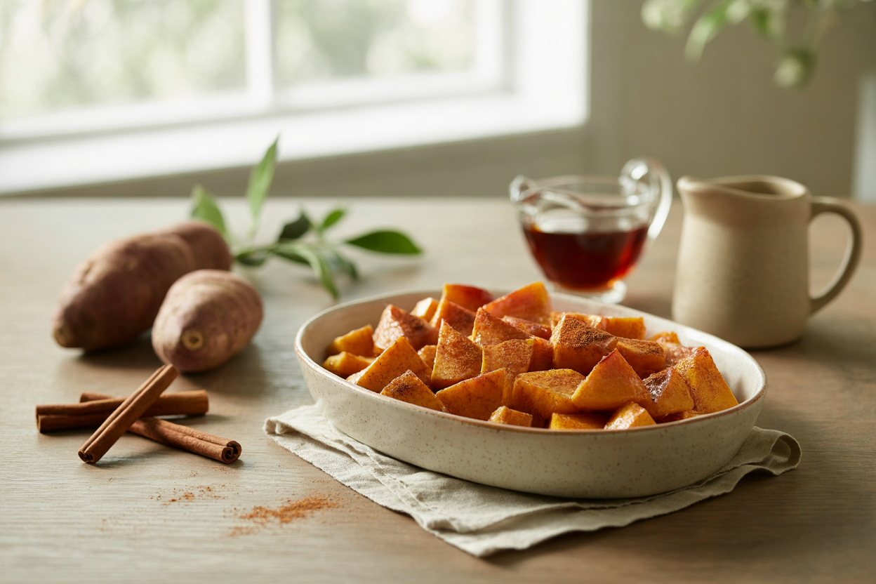 Roasted yams with maple glaze and cinnamon