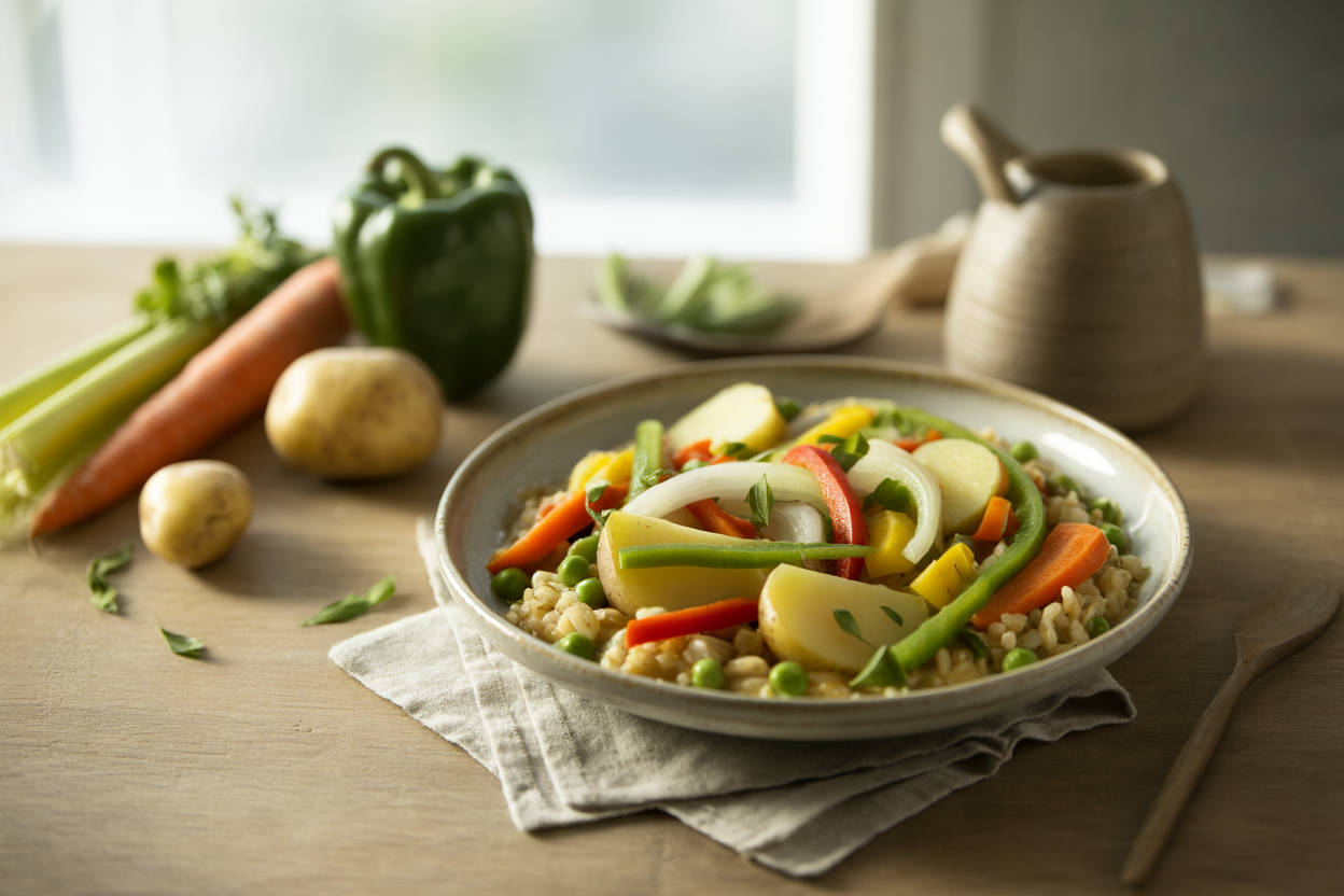 Crock pot vegetables with potatoes, carrots, peppers, corn and peas