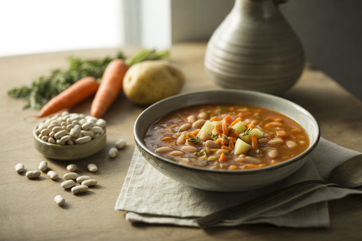 Crockpot white bean soup with potatoes, carrots and tomato