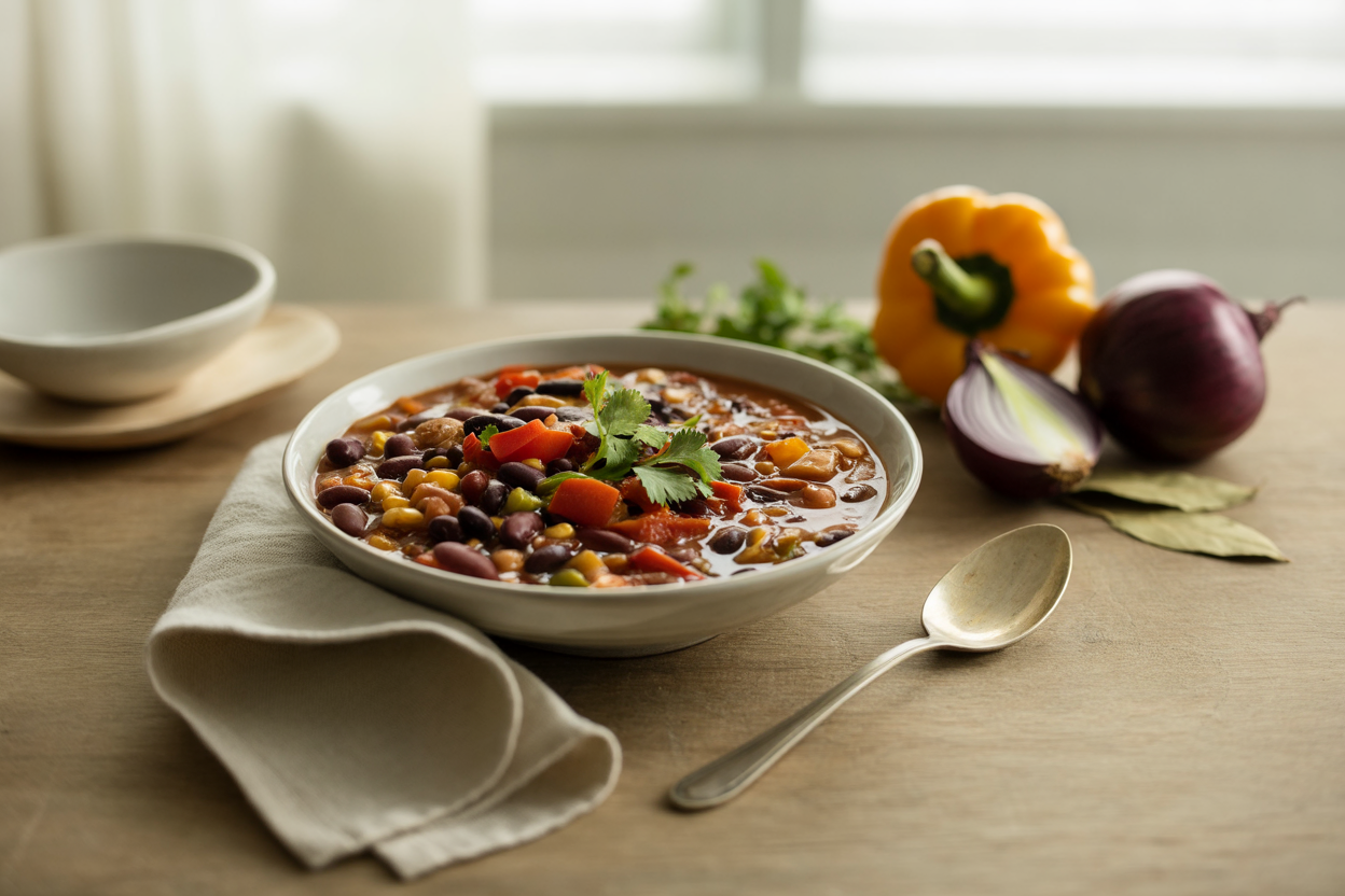 Crockpot bean chili with peppers and corn