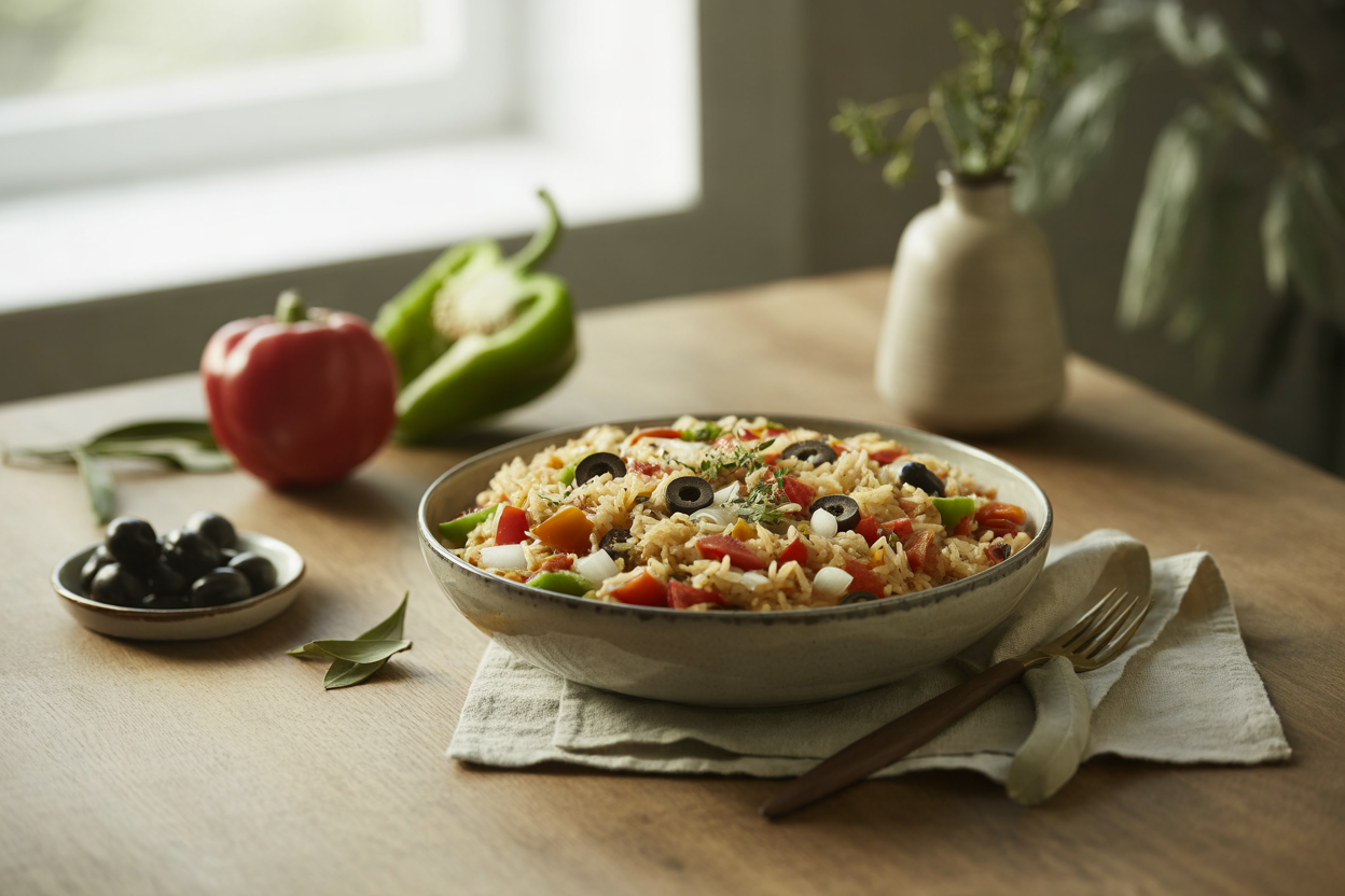 Crockpot basmati rice pilaf with tomatoes, peppers, onion and olives