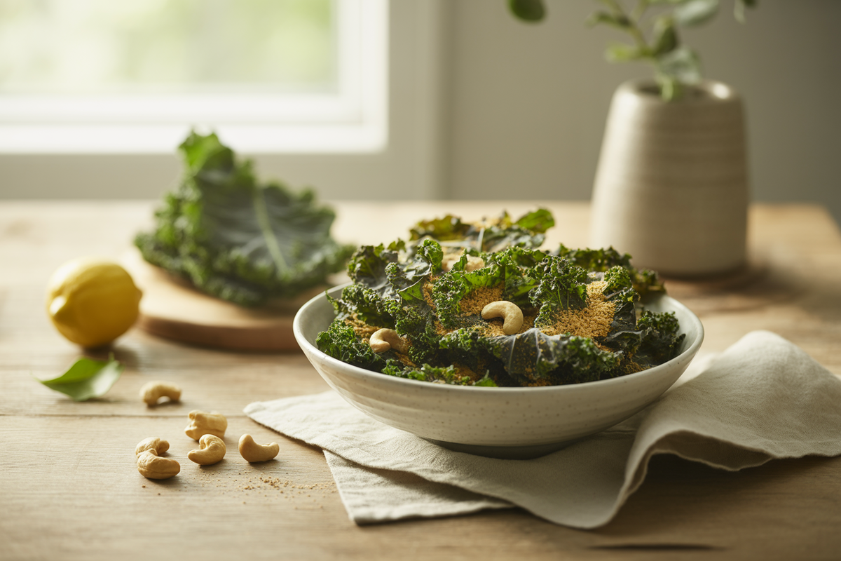 Crunchy kale chips with a cashew and nutritional yeast coating