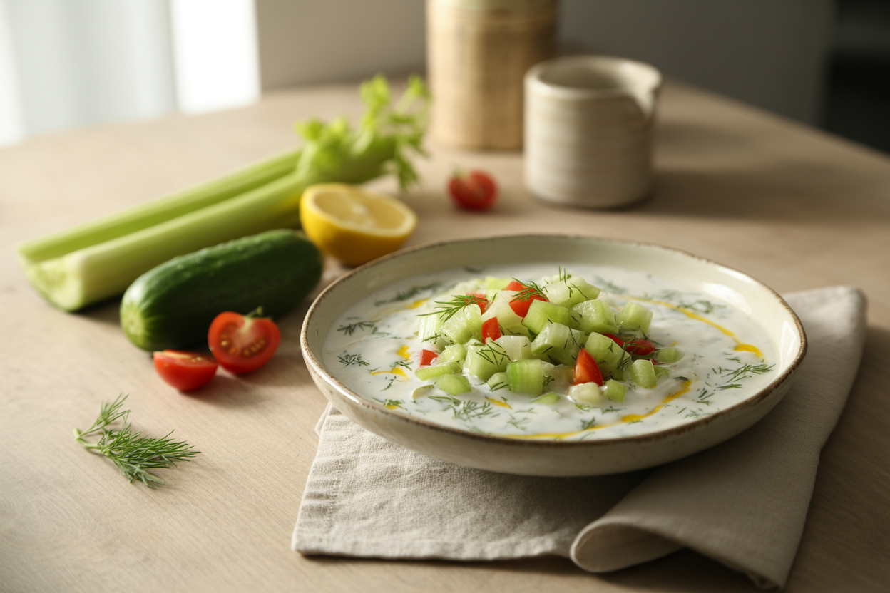Chunky chilled raw cucumber celery soup with red pepper, cherry tomatoes and dill