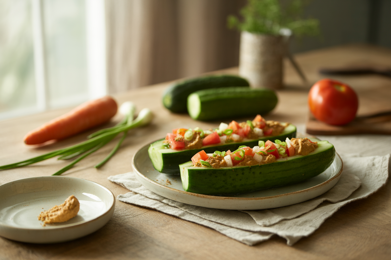 Cucumber boats filled with tomato and carrot
