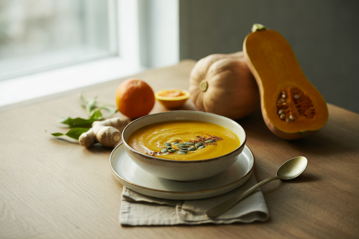 Curried butternut squash soup with orange, ginger and pumpkin seeds