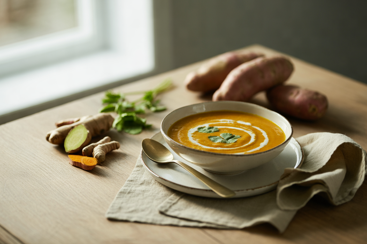Curried sweet potato soup with coconut swirl
