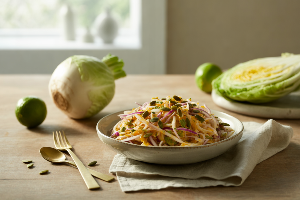 Curried turnip and cabbage slaw with pumpkin seeds