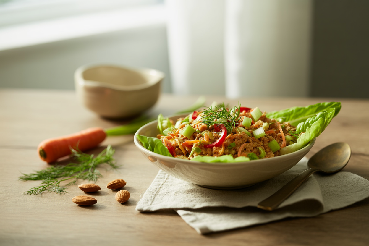 Raw mock tuna salad made from almonds, carrot, red pepper and celery