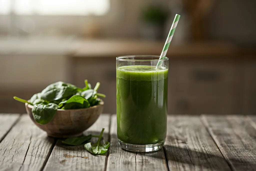 Green Acres Juice - a tall glass of vibrant green juice with a straw, next to fresh spinach leaves
