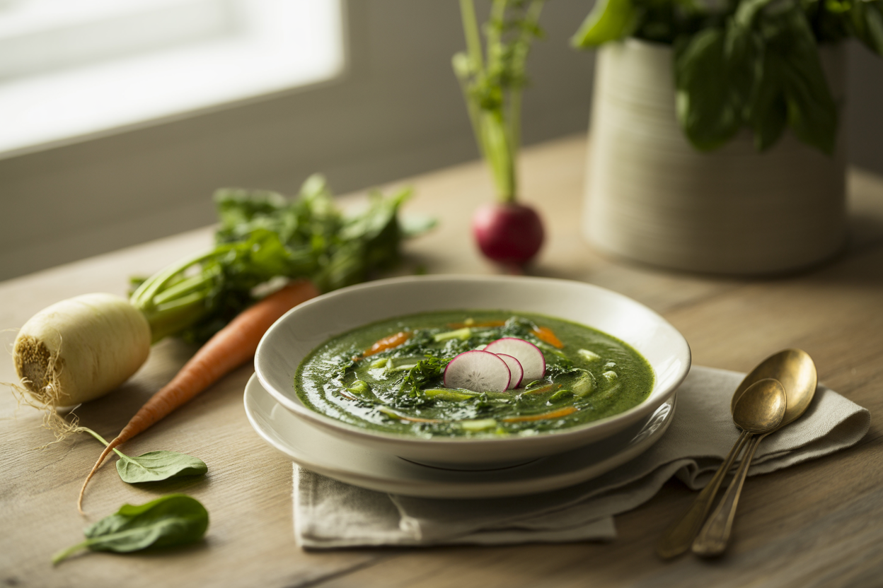 Raw dandelion soup garnished with thin radish slices
