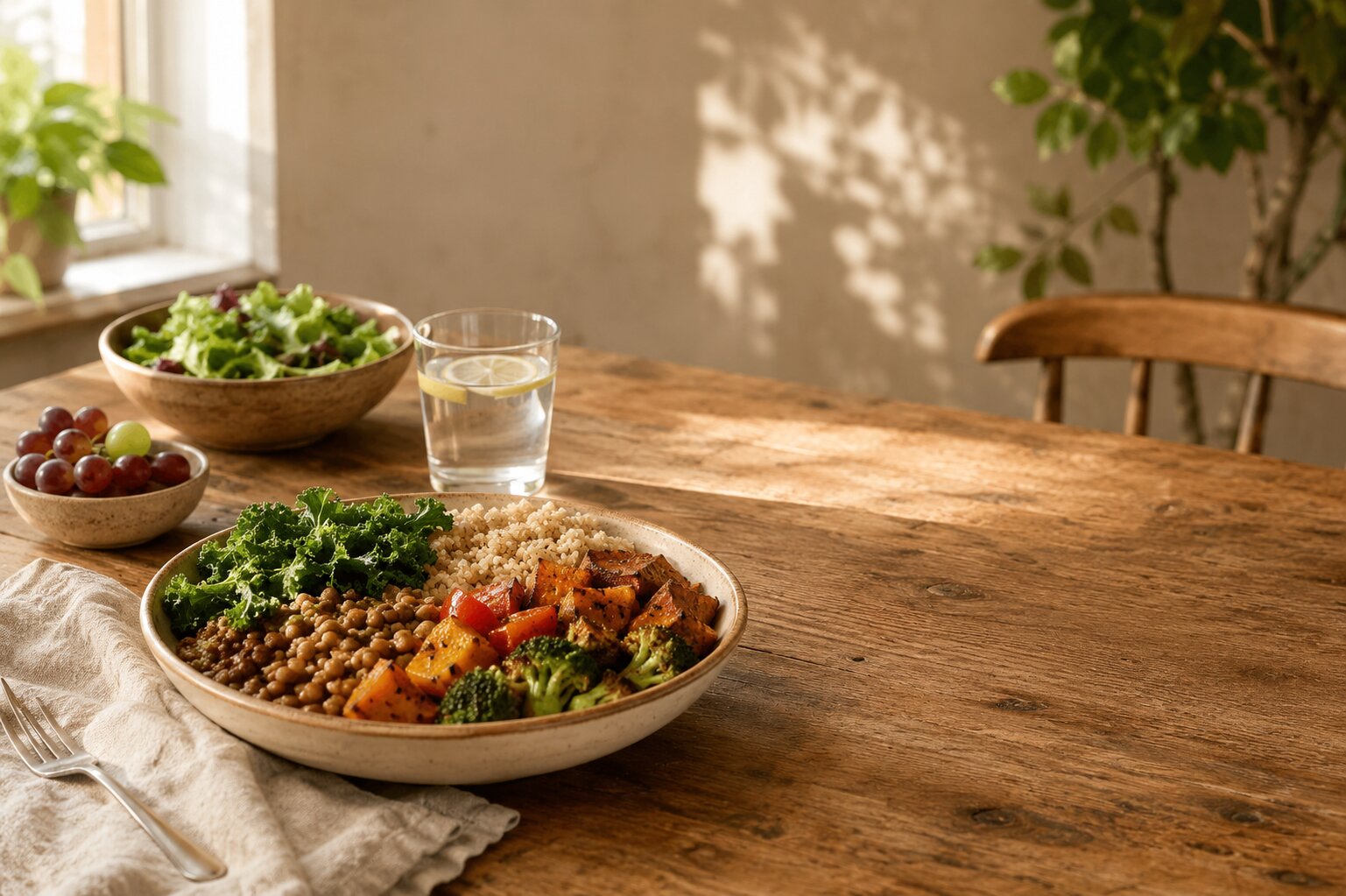 Simple Daniel Fast meal with beans, whole grains, leafy greens, vegetables, fruit, and water on a wooden table.