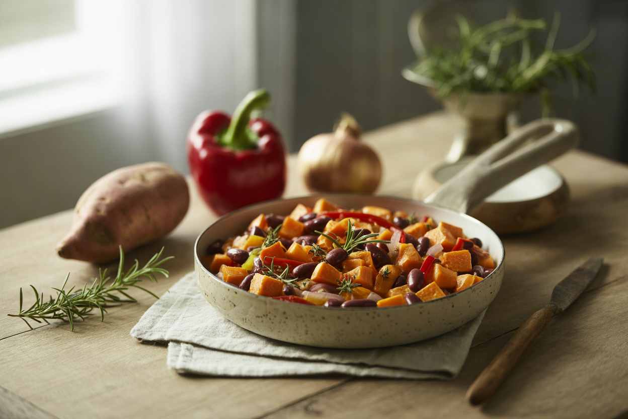 Sweet potato and kidney bean hash with rosemary