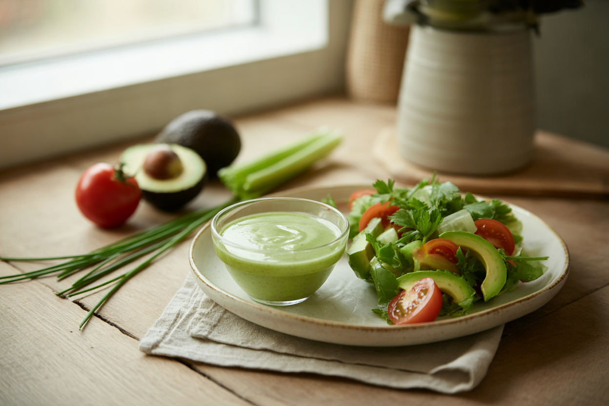 Avocado tomato herb salad dressing with chives and parsley