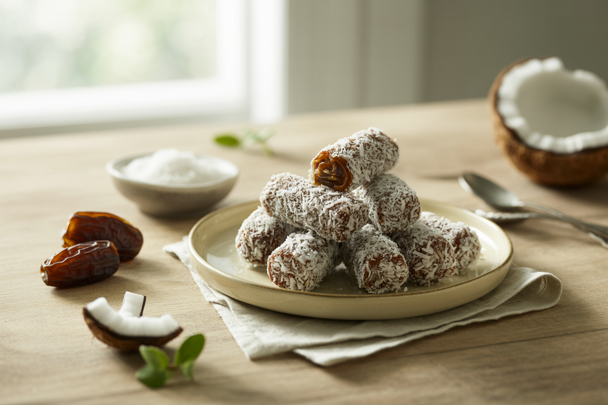 Date coconut logs rolled in shredded coconut