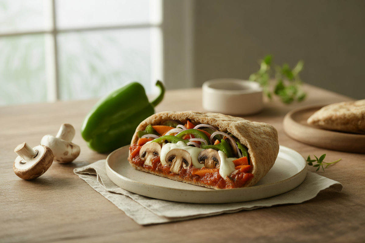 Vegetarian pita sandwich with peppers, mushrooms and tomato sauce