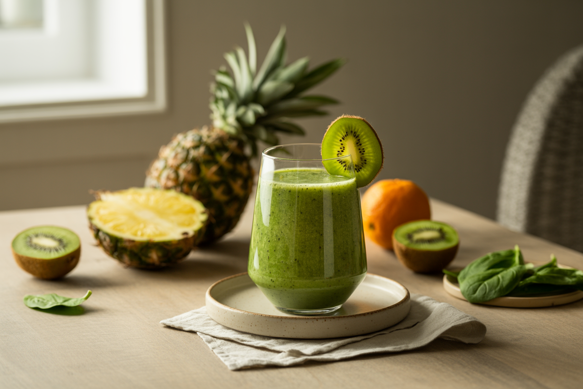 Tropical green smoothie with pineapple, kiwi and spinach
