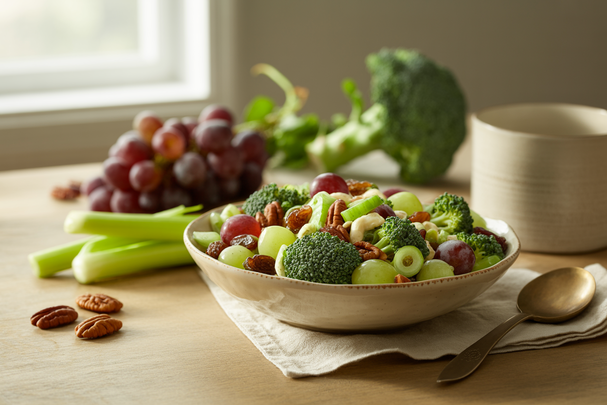 Broccoli grape salad with red and green grapes, raisins and pecans
