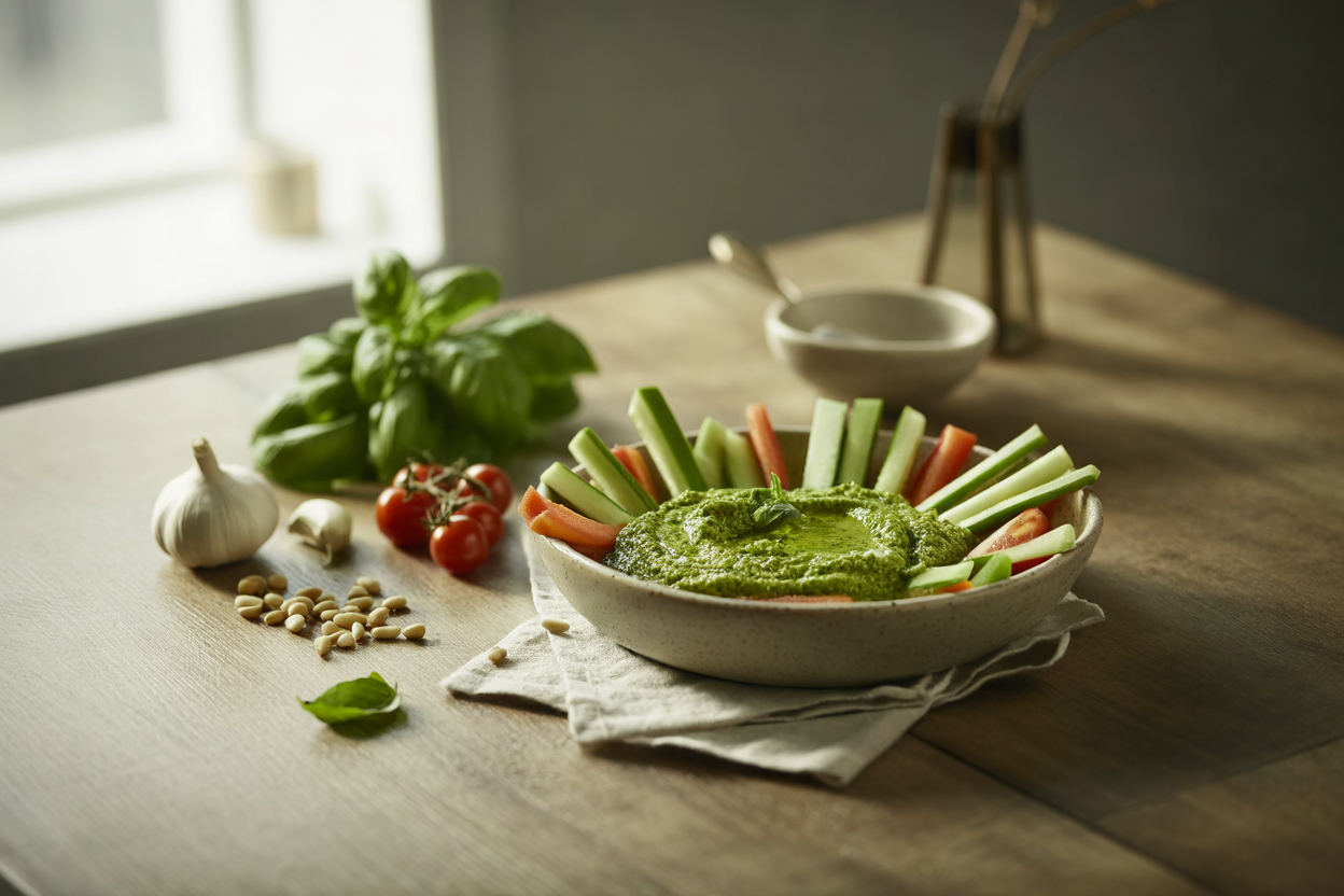 Raw basil pesto veggie dip with fresh vegetables