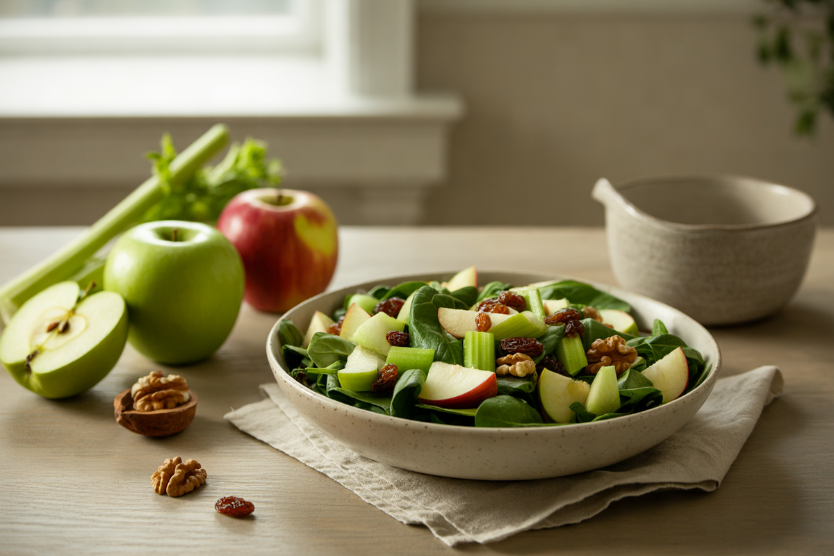 Apple salad with mixed greens, walnuts and raisins