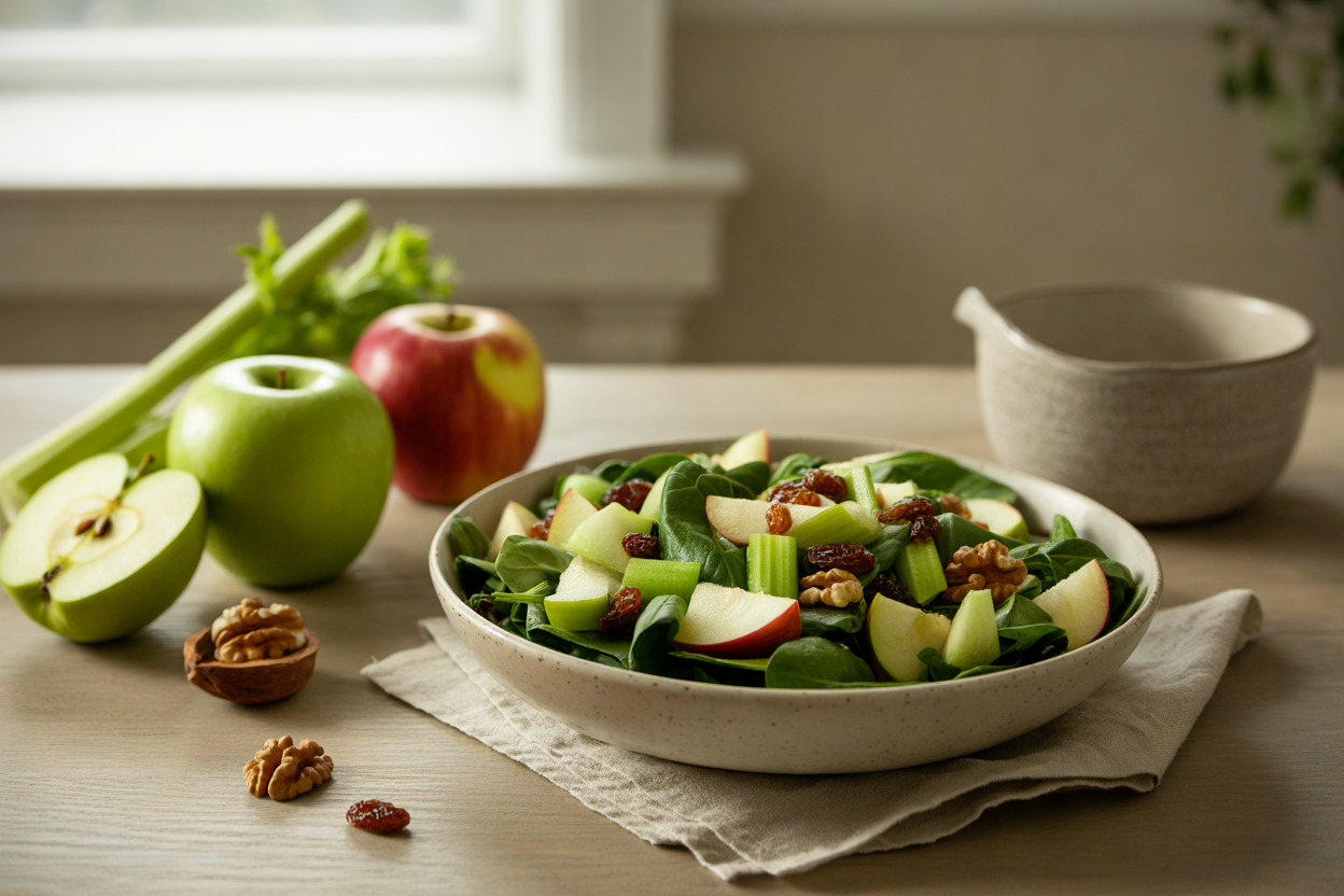 Apple salad with mixed greens, walnuts and raisins