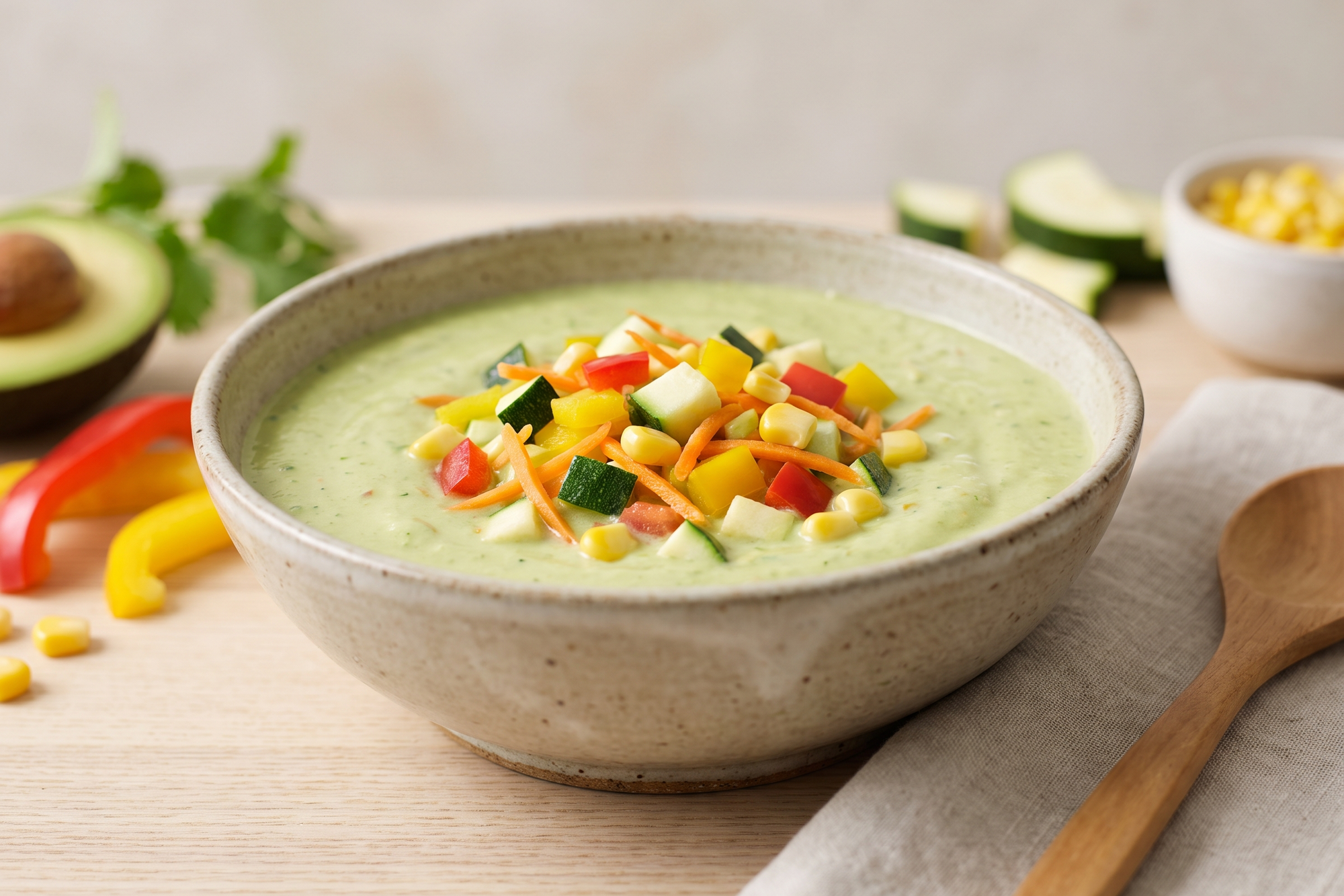 Creamy green avocado soup topped with diced vegetables and corn