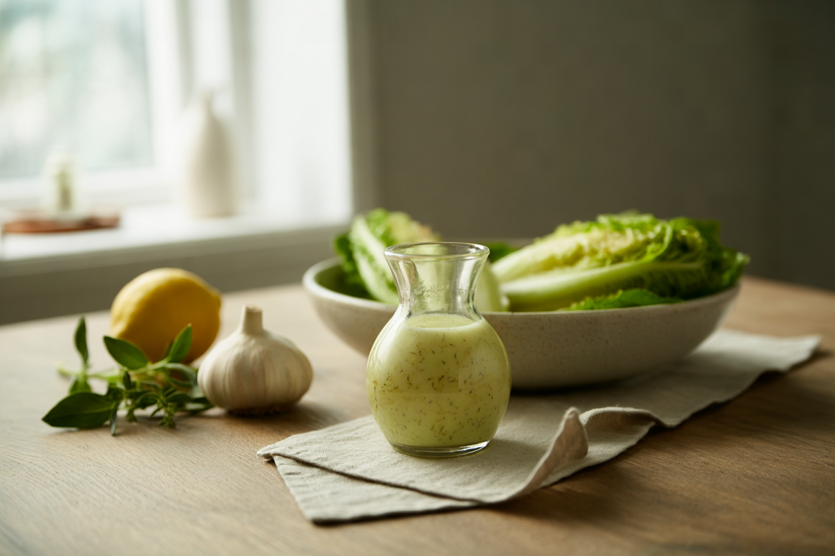 Creamy garlic dressing with romaine salad