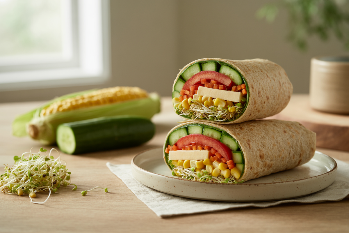 Deluxe veggie wrap with tomato, cucumber, carrot, sprouts and raw corn